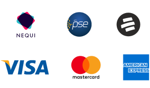 Icono de las principales plataformas de pago, Nequi, PSE, Bancolombia, Visa, Mastercad, y American Express